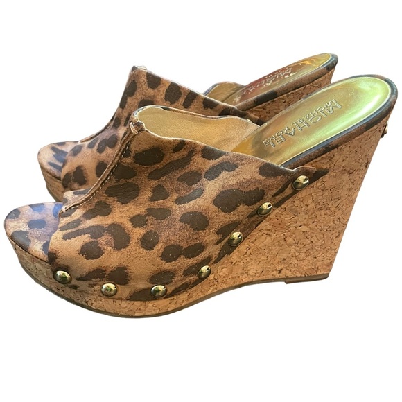 MK Michael Kors Belinda leopard print cork slide wedge  heels gold studs SZ 6.5 - Picture 1 of 8